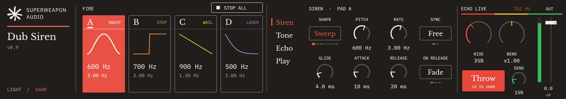 Dub Siren in its dark theme: four fire pads (Sweep, Step, Wail and Laser), the Siren page settings, and Echo Live with Ride, Bend, Throw and Send