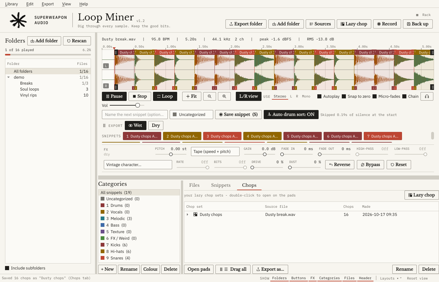 Loop Miner with a break chopped into sixteen regions and the Chops tab listing the chop set