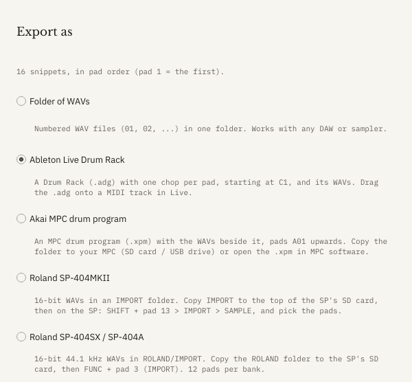 The Export as window with Ableton Live Drum Rack picked, and Akai MPC, SP-404MKII, SP-404SX and a folder of WAVs as the other choices