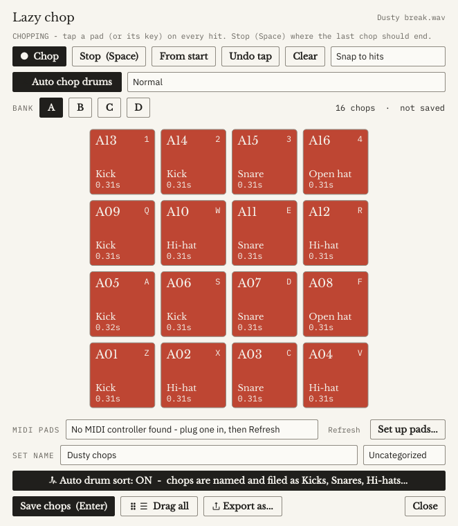 The Lazy chop window: 16 pads lit with chops named Kick, Snare, Hi-hat and Open hat, plus Auto chop drums and Snap to hits