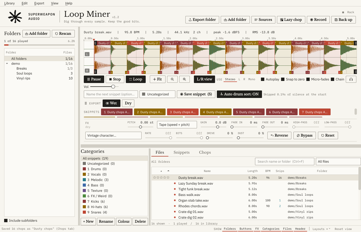 Loop Miner's main window in its Light look: a drum break chopped into sixteen coloured regions, snippet buttons, the FX row, and Kicks, Snares and Hi-hats categories filled by Auto drum sort