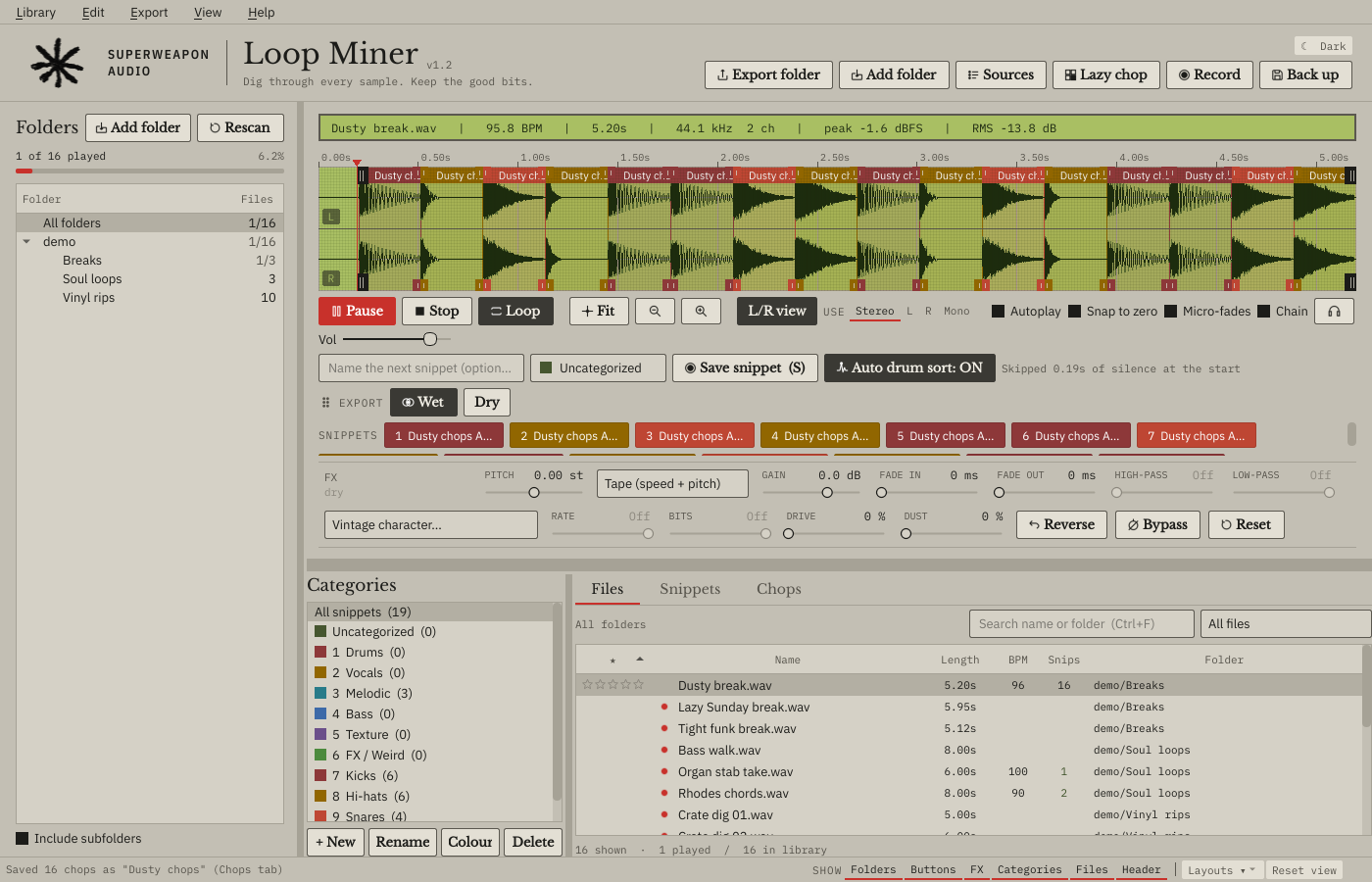 Loop Miner in its Rack look, with the waveform on a green LCD