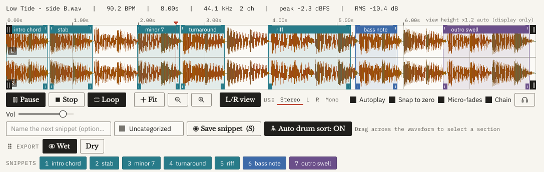 One eight-second file with seven named slices across the waveform: intro chord, stab, minor 7, turnaround, riff, bass note and outro swell, each with its own coloured button underneath