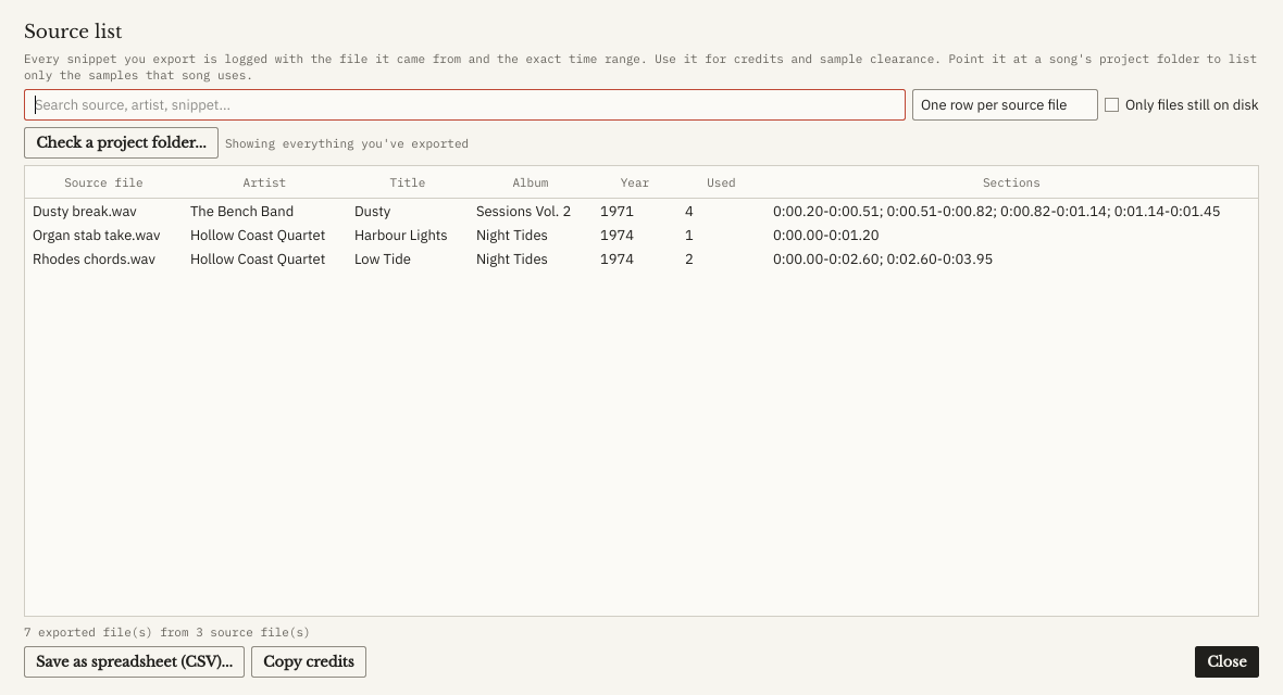 The Source list window: each source file with its artist, title, album, year, how many snippets were used and their time ranges, plus Save as spreadsheet and Copy credits