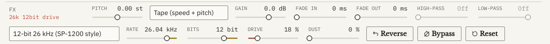 The FX row with the 12-bit 26 kHz preset: rate 26.04 kHz, 12 bit, drive 18 per cent