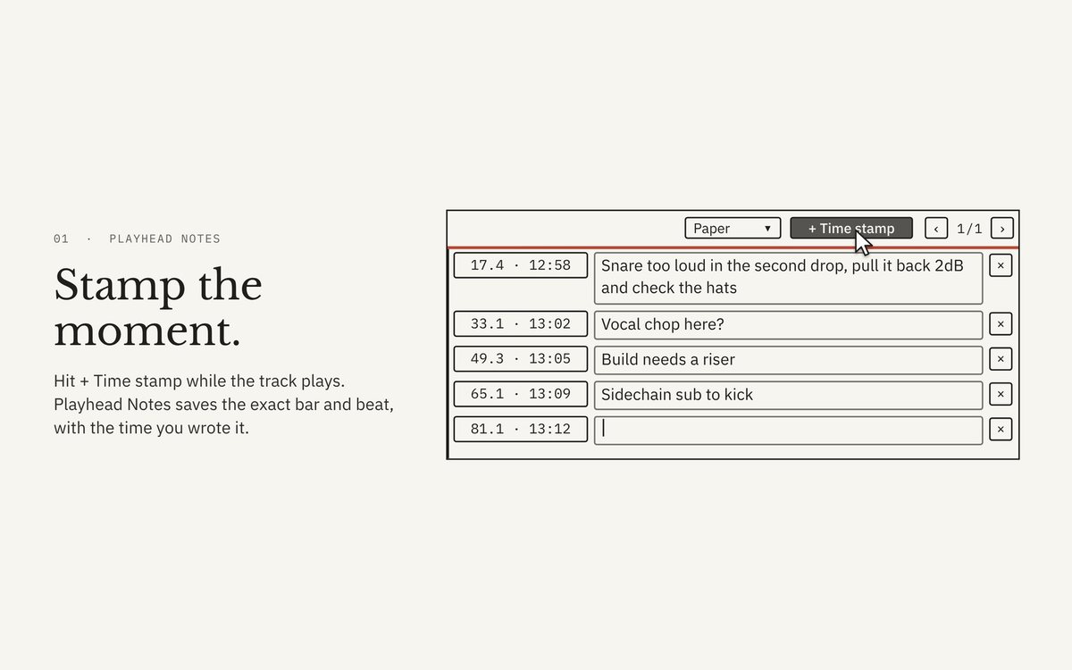 Stamp the moment: hit + Time stamp while the track plays and it saves the bar, beat and time