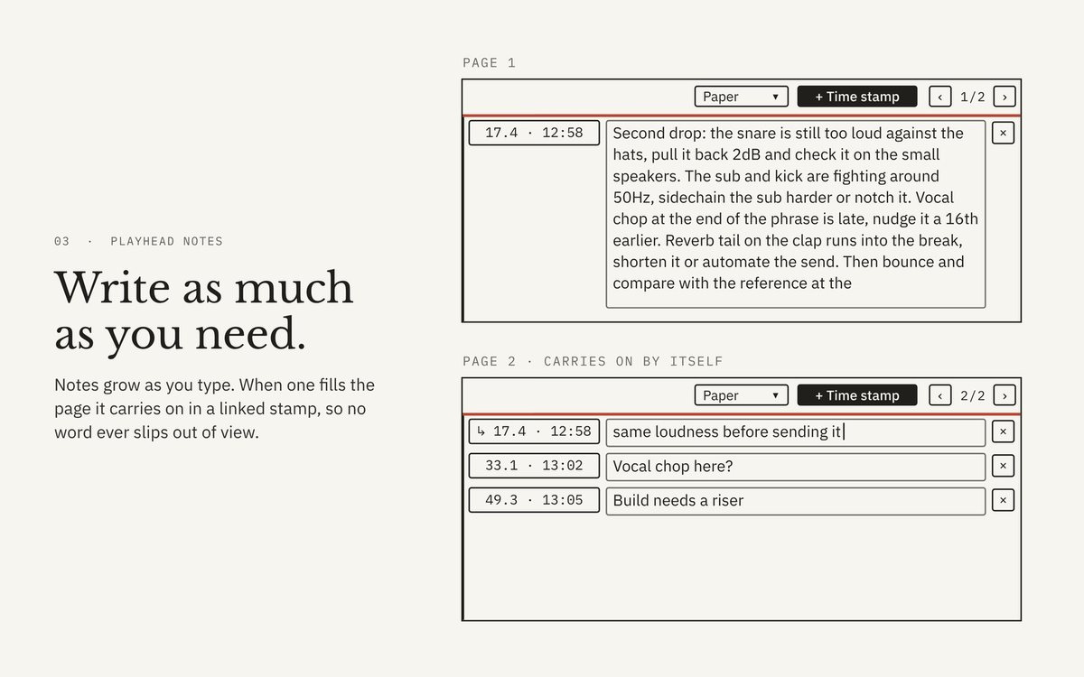 Write as much as you need: long notes carry on into a linked stamp on the next page