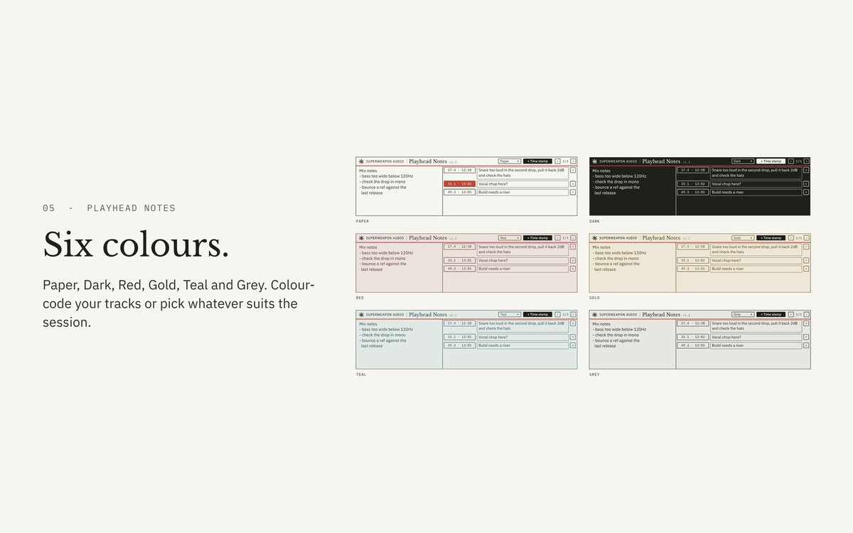 Six colours: Paper, Dark, Red, Gold, Teal and Grey