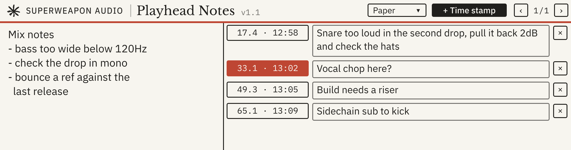 Playhead Notes v1.1 in the Paper theme: mix notes on the left and four time stamps on the right, with the stamp at 33.1 highlighted