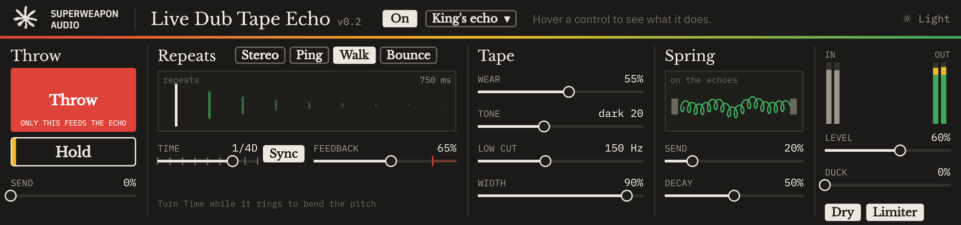 Live Dub Tape Echo in its dark theme with Throw pressed: Repeats set to Walk, Tape, Spring and the output meters, under a red, gold and green dub band