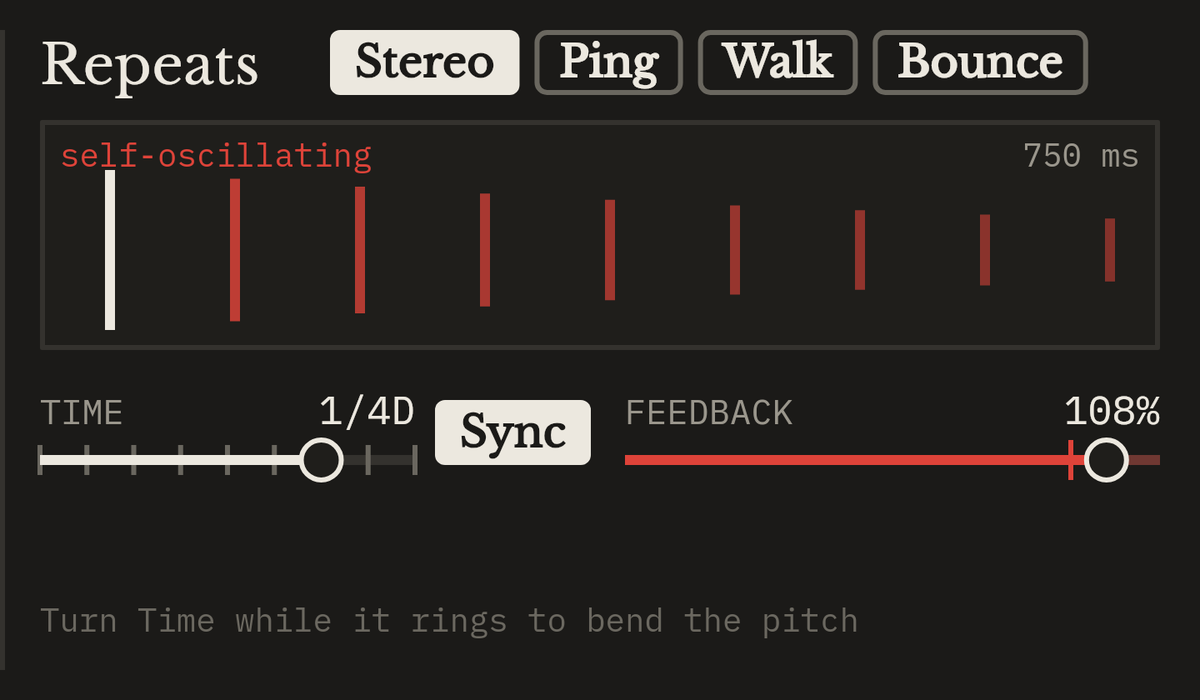 Close-up of the repeats display with feedback past 100%, repeats shown in red