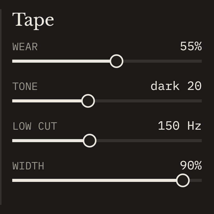 Close-up of the Tape section: Wear, Tone, Low cut and Width